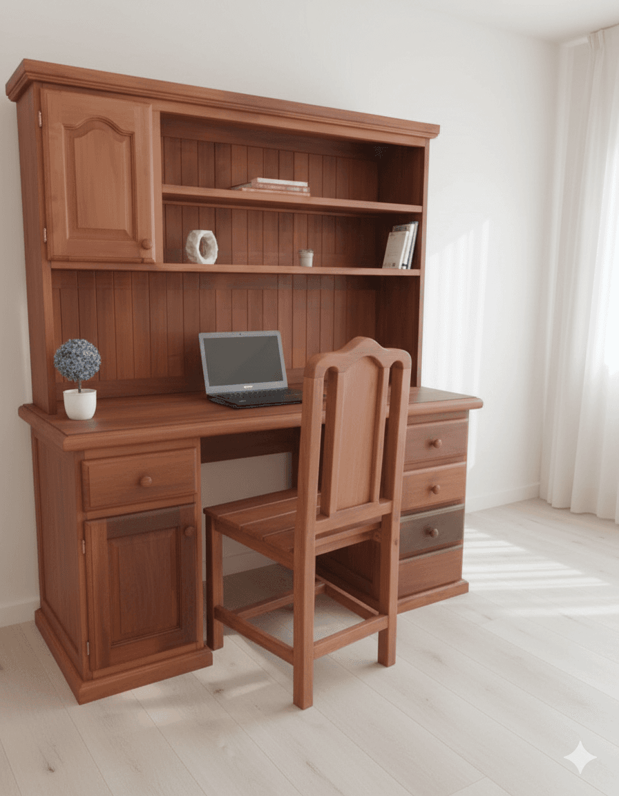 Escritorio de Algarrobo Macizo con Alzada y Cajonera