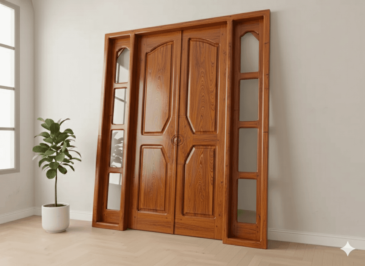 Puerta de Madera Maciza con Marco y Lateral de Vidrio